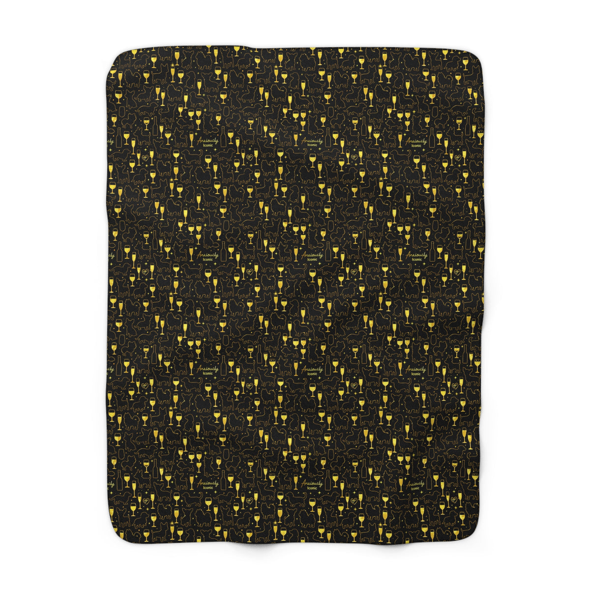 Sherpa Fleece Blanket — Cozy Black & Gold Champagne Glass Pattern, Luxe Warm Throw for Living Room
