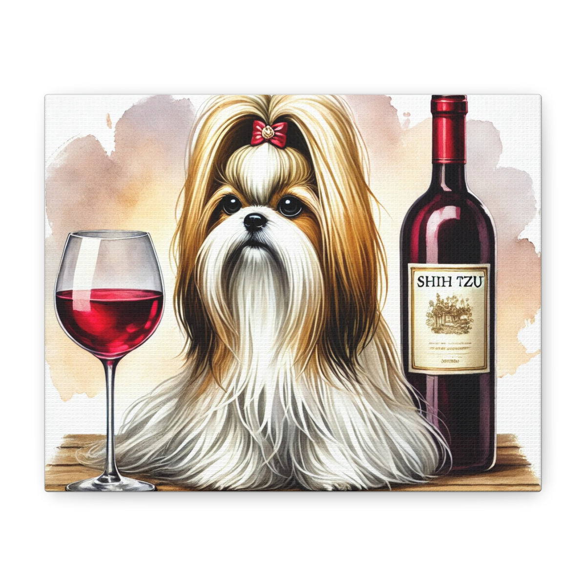 Shih Tzu With Red Wine Matte Canvas | Dog Art Wall Decor