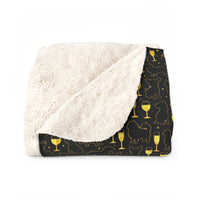 Sherpa Fleece Blanket — Cozy Black & Gold Champagne Glass Pattern, Luxe Warm Throw for Living Room